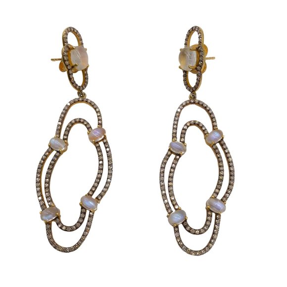 Moonstone / Pave Diamond Studded Gold Plated Drop Earrings - Picture 3 of 4